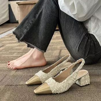 Fairy sequined thick heel single shoes with skirt bag head sandals small fragrant French high heels female 2024 spring and summer new 35