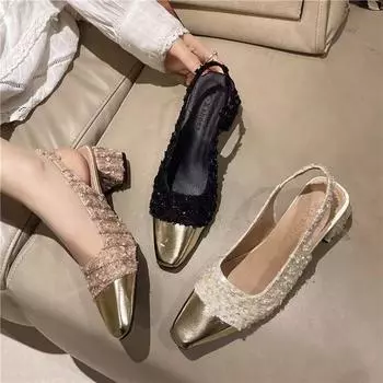 Fairy sequined thick heel single shoes with skirt bag head sandals small fragrant French high heels female 2025 spring and summer new 35