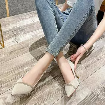 Fairy shoes gentle single shoes female middle heel 2025 new autumn French rhinestone pointed shoes light mouth stiletto high heels 34