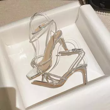 Fairy Square Head Silver Rhinestone Thin Ribbon Diamond with High Heel Shoes Versatile Summer 40 чёрный