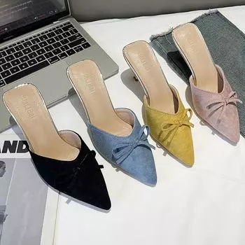 Fairy style bow temperament bag head half slippers outer wear 2025 new shallow mouth pointed head thin heel Muller sandals 34 розовый