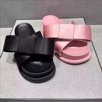 Fairy style bow thick-soled slippers women s outer wear 2025 new fashionable versatile soft bottom heightening one-word sandals 35