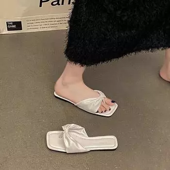 Fairy style casual versatile toe beach shoes female 2024 summer new French fashion outer wear flat bottom one-word 35 чёрный