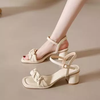 Fairy Style Fashion Square Toe Women Sandals Elegant Leather Pleated Ankle Buckle Strap Thick High Heels Party Wedding Shoes 34 бежевый