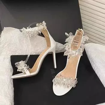 Fairy style flat belt slim heel sandals for women in spring/summer 2024 new white crystal wedding shoes rhinestone high heels 34 белый