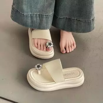 Fairy style flip-flops summer wear thick-soled heightening sandals rhinestone cover toe versatile with skirt beautiful cool slippers 35 чёрный