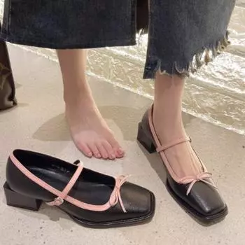 Fairy Style Shallow Mouth and Mary Jane Small Leather Shoes for Women s Spring 2024 New Square Bow Thick Heel Shoes 35 чёрный