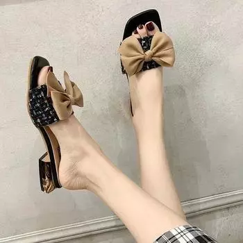 Fairy style slippers female summer 2025 new bow outer wear fashion thick heel versatile one-word drag ins tide 35
