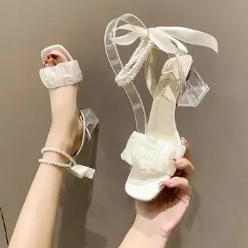 Fairy Style Square Toe Lace String Bead Wedding Shoes Transparent High Heels Elegant Women Summer High Heeled Sandals 35 бежевый