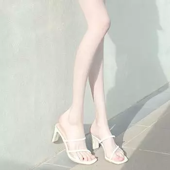 Fairy style temperament high heels female 2024 summer new beige word with thick heel open toe outside wearing cool slippers female 35