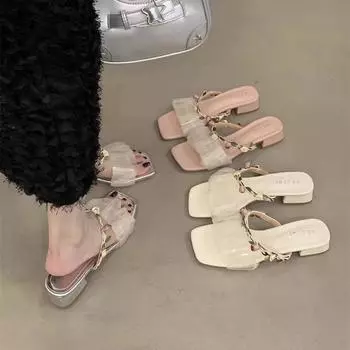 Fairy style with skirt slope heel cool slippers, spring and summer new fashion square head thick heel temperament pink sandals 35 розовый