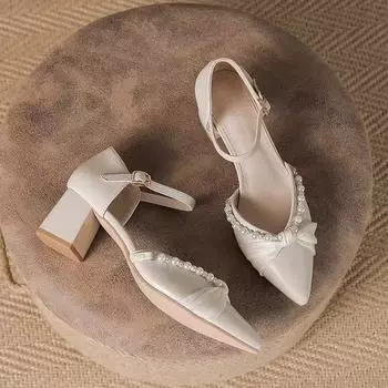 Fairy wind bag head sandals single shoes female low heel 4.5cm versatile shoes spring and summer new shallow mouth pointed head thick high heel 35