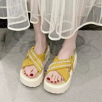 Fairy wind bow pearl thick bottom heightening slippers female 2025 summer new small muffin comfortable one-word drag 34