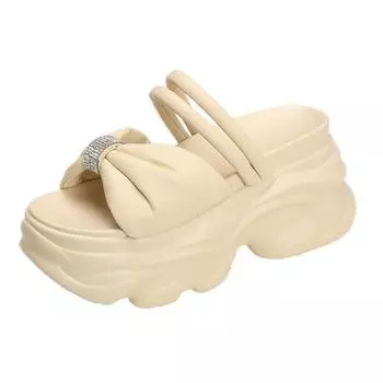 Fairy wind bow two wear cool slippers 2025 summer new rhinestone thick-bottomed muffin heightened slope heel one-word drag 34