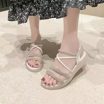 Fairy wind cool slippers 2025 spring and summer new sweet women s shoes Korean version of rhinestones with sandals 35 белый