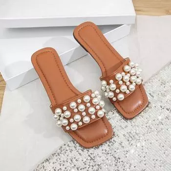 Fairy wind cool slippers female outer wear 2025 summer new fashionable large size flat heel beach shoes 35