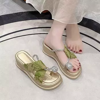 Fairy wind cool slippers female outer wear 2025 summer new French muffin thick bottom high sense rhinestone one 34 бежевый