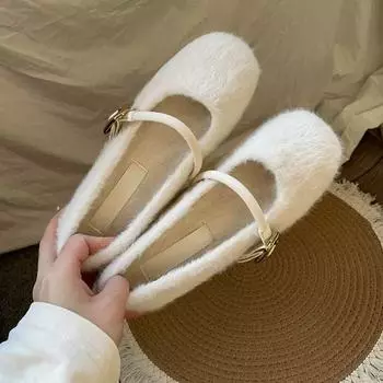 Fairy wind flat bottom Mary Jane fluffy shoes women s shoes wear 2025 new autumn and winter warm plush shoes 35
