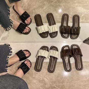 Fairy wind flat bottom pleated one-word cool slippers female outer wear 2024 new summer leisure vacation wind beach slippers 35 чёрный