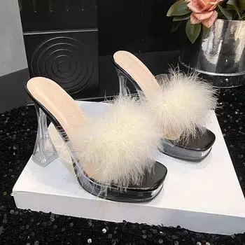 Fairy wind fluff drag summer 2025 new crystal heel feel outer wear and waterproof table high heels 34 чёрный