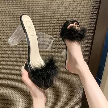 Fairy wind fluffy slippers female outer wear 2025 new summer transparent word with crystal thick high heel cool slippers 35