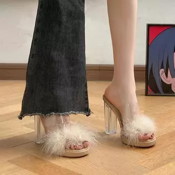 Fairy wind fluffy slippers female summer wear 2024 new Internet celebrity thick heel one-word drag crystal high heel cool slippers 34 абрикосовый