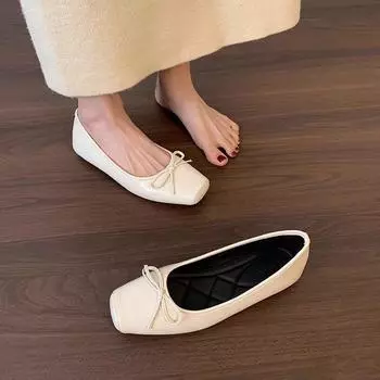 Fairy wind gentle shoes female spring 2025 new bow square head flat sole shoes black light mouth beanie shoes 35 чёрный