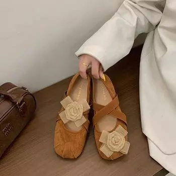Fairy wind low-heeled Mary Jane single shoes women s shoes 2025 new spring Korean version flat-bottomed flower decorative evening shoes 35 чёрный