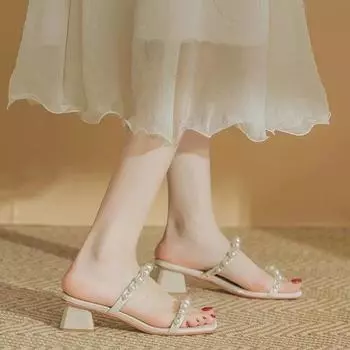 Fairy wind mid-heeled slippers female summer outer wear temperament pearl word strap sandals thick heel high heels sandals 34