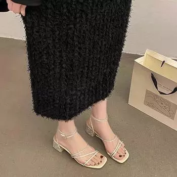 Fairy wind open toe buckle with daily rhinestone gentle sandals female spring and summer 2024 new Korean version fashion Roman shoes 35 бежевый