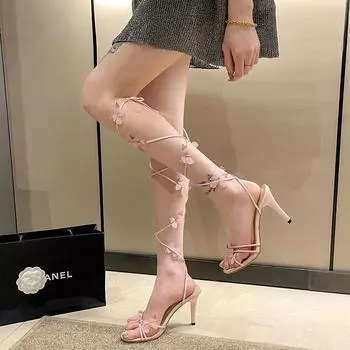 Fairy wind pink bow high heels 2025 summer stiletto socialite sweet cross strap open-toed sandals female 35 розовый