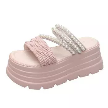 Fairy wind thick-soled muffin two wear sandals, female outer wear popular summer new slope heel beaded muffin bottom cool slippers 34