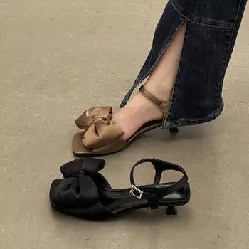 Fairy wind thin heel open-toed sandals, new in the summer of 2024, bow square head with skirt, one-word strap high heels 35 чёрный