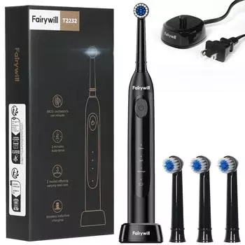 Fairywill Электрическая зубная щетка T2232 Мощная вращающаяся чистящая 4 сменные головки перезаряжаемая звуковая зубная щетка для взрослых чёрный