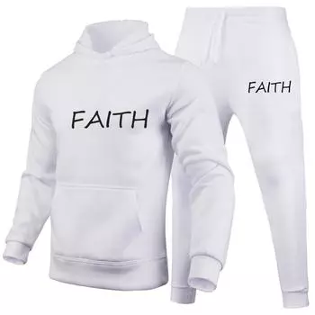 FAITH Letters Printed Suits Autumn Winter Tracksuit Men Solid Hooded 2 Piece Sets Mens Outfits Suit Men Fleece Sport Hoodie Sweatpants Two Piece Sets S чёрный