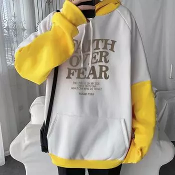 FAITH OVER FEAR с буквенным принтом и капюшоном для мужчин и женщин, лоскутные толстовки размера плюс, удобный пуловер унисекс высокого качества XS чёрный/белый