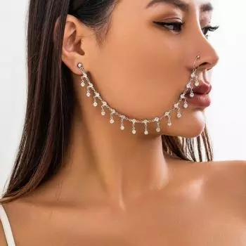 Fake Nostril Piercing Clip Nose Clip Rings Belly Dance Accessories Long Chain Earring Party золотой