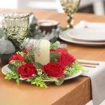 Fake Rose Candle Wreath Handmade Artificial Flowers Candle Ring Faux Roses Garland Table A 1pc