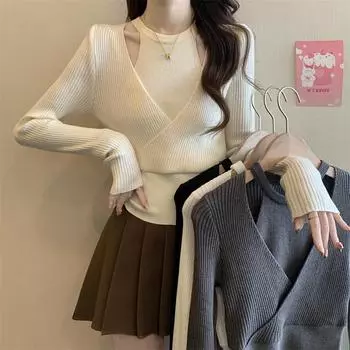 Поддельная рубашка с двумя висячими воротниками и трикотажным низом для женщин на весну и осень, облегающий вид, шикарный шик со свитером, блузка с длинными рукавами One size