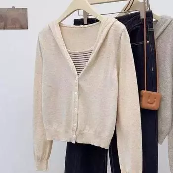 Fake two-piece contrasting striped splicing hooded long-sleeved knitted sweater casual retro loose and thin top S