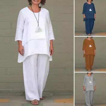 Fake Two-piece Cotton Linen White Set Women s Casual Irregular Top + Wide-leg Pants 2-piece Suit Loose Oversized Women Outfit XXXXXL