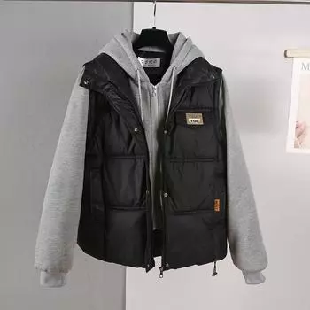 Fake two-piece cotton suit winter women s 2025 new fleece jacket short versatile Korean version of hooded spliced down padded jacket M