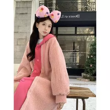 Fake two-piece hooded spliced pink coat, winter 2025 new design fleece thickened coat S розовый