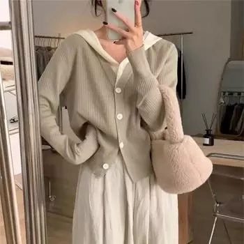 Fake two-piece knitted cardigan women s autumn small man wearing hooded sweater jacket casual loose short top One size