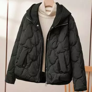 Fake two-piece knitted splicing down jacket women s 2024 winter new fashionable high-end hooded white duck down jacket S