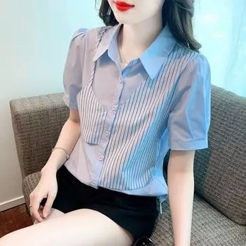 Fake Two-piece Patchwork Striped Shirt for Women Short Sleeve Summer Temperament Shirts Office Lady Daily Commute Tops S синий
