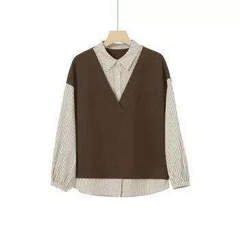 Fake Two-piece Striped Shirt Collar T-shirt for Women In Autumn New Casual and Versatile Flesh Covering and Slimming Top S