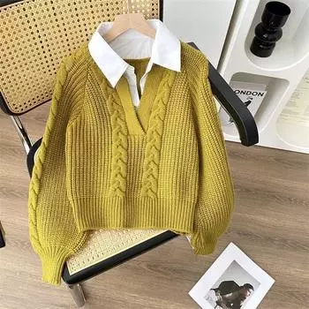 Поддельный свитер из двух частей, осенне-зимний женский японский ленивый ретро-дизайн, воротник-свитер с перекрученной вязкой S белый