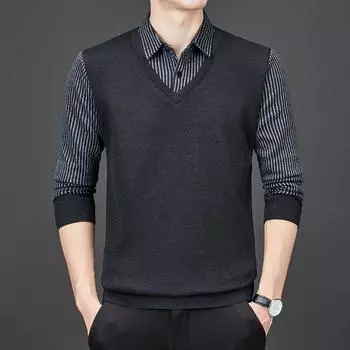 Fake Two-piece Sweater Men s Shirt Collar Long-sleeved Men s Velvet Thickened Winter Warm Top Bottoming Men s Sweater M