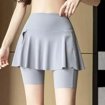 Fake Two-Piece Yoga Sports Culottes Women s Spring and Autumn New Arrival High Waist Pocket Fitness Pants Ninth Pants plus Velvet Yoga Pantskirt Grey M